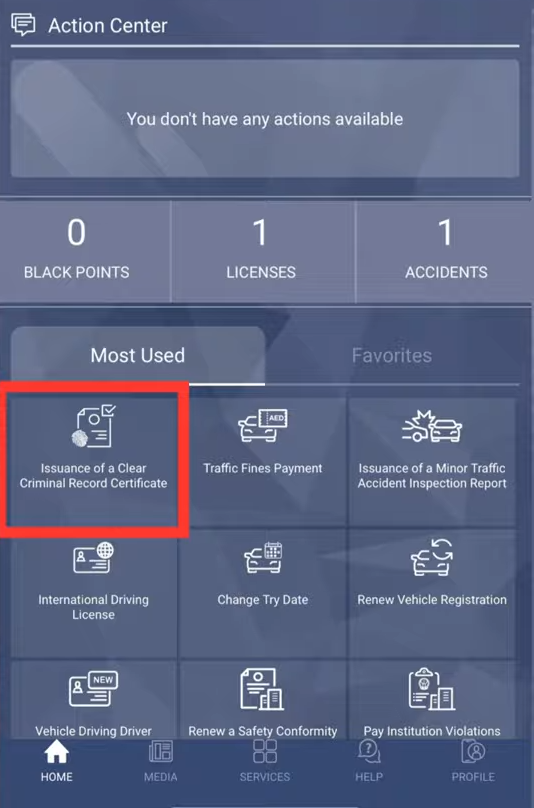 showing moast used section of the moi app where “Issue of a Clear Criminal Record Certificate.” option is given