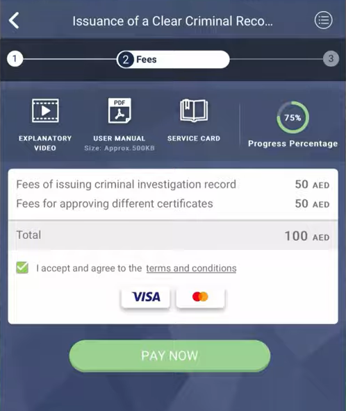 screen showing options to pay fee to process police clearance certificate and complete the application 