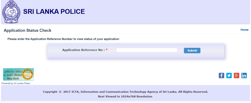 screen showing option to enter police clearance certificate application reference no to check its status online