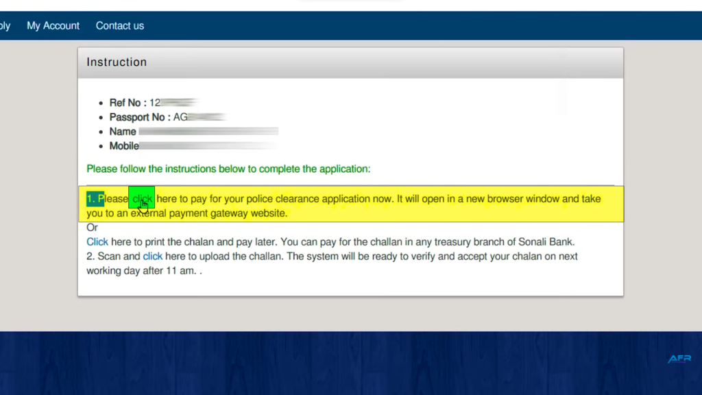 a screen showing instructions to pay processing fee of police clearance certificate