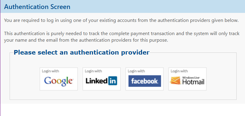 authentication screen to login via gmail, hotmail and others