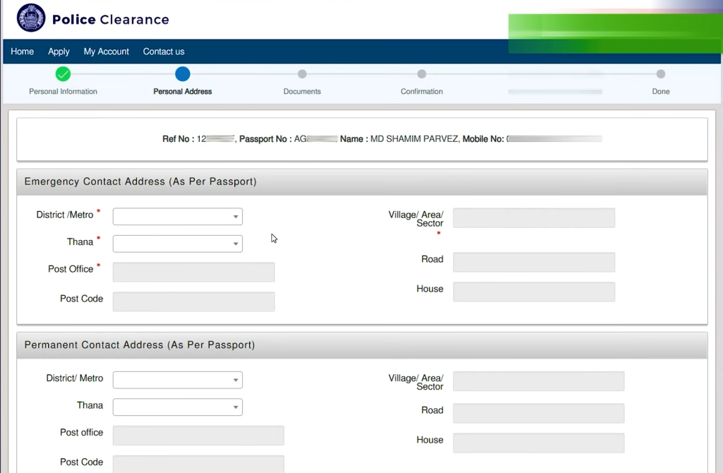 a screen showing fields to enter contact address, permanent contact address