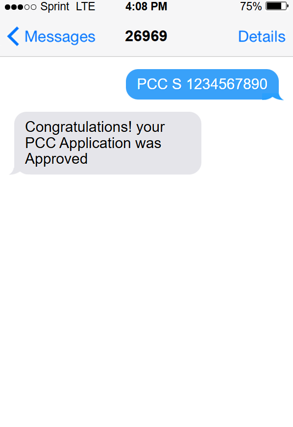 image showing SMS text that police clearance application was approved 