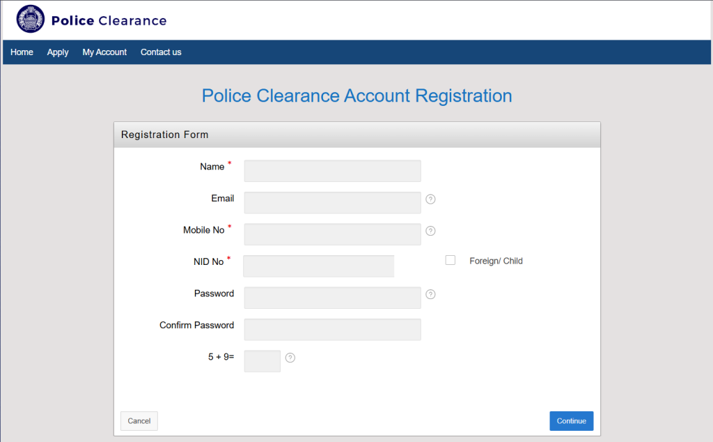 police clearance account registration form showing option to enter details and register account 