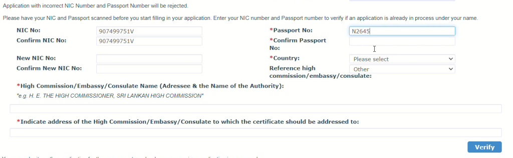 screen showing options to enter passport information